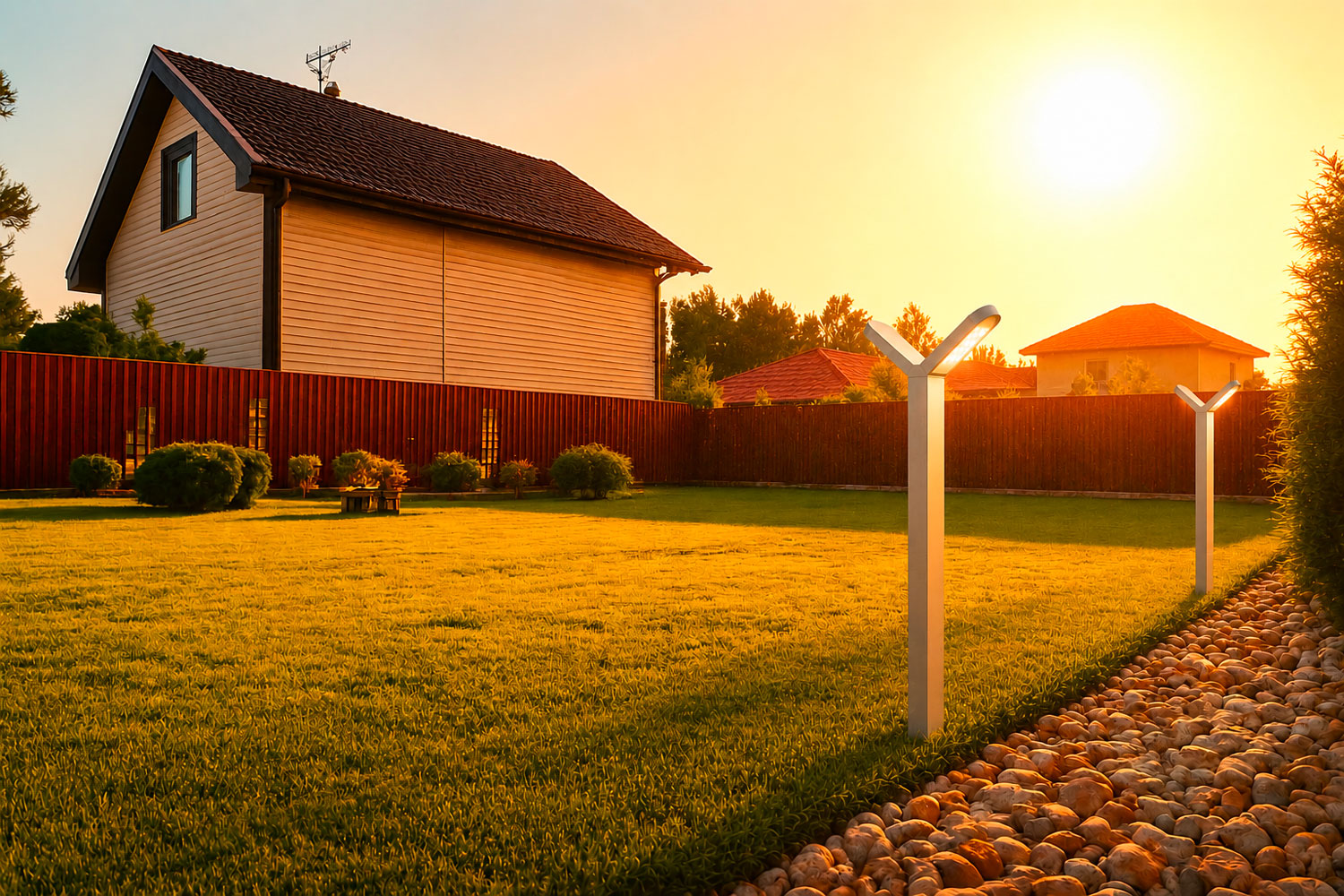 Lampione da giardino Tao Luce Zen Double in funzione al tramonto, resistente alle intemperie con grado IP66 e vetro temperato